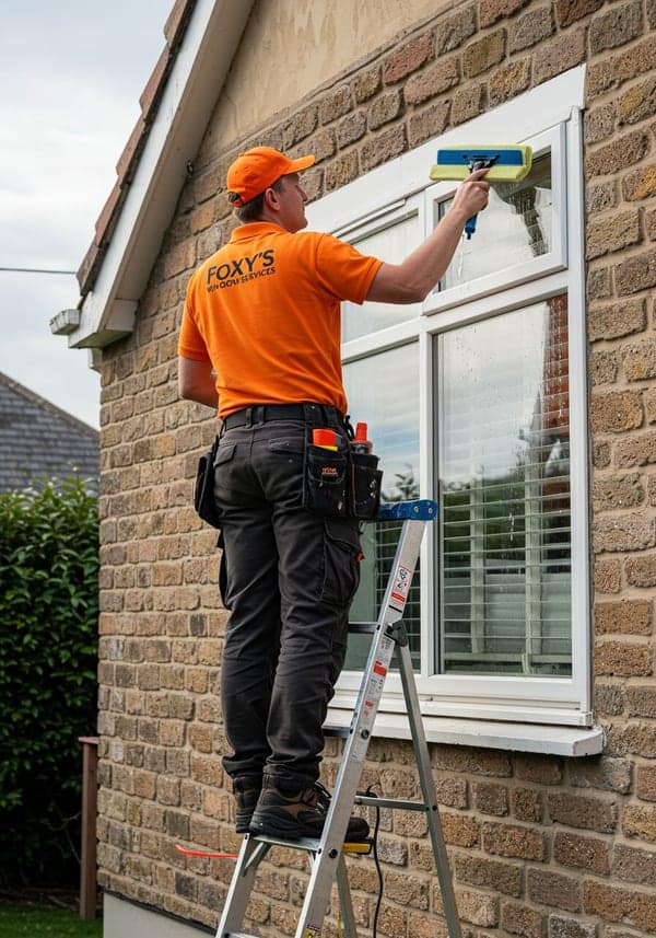 Foxy's technician on a ladder beside a window on the brick exterior of a home