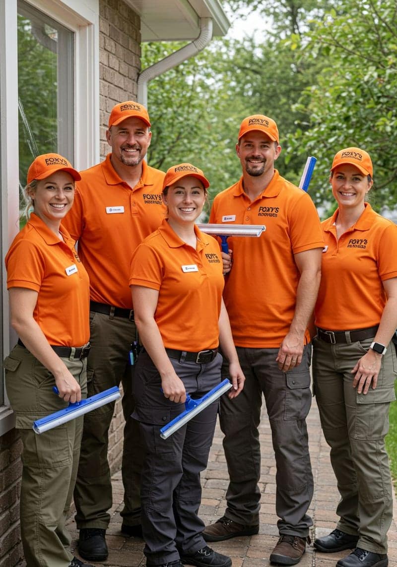 Foxy's crew in uniform standing on a brick paver walkway outside a home